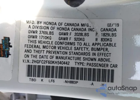 2019 Honda Civic Lx from USA, damaged, VIN 2HGFC2F60KH540442